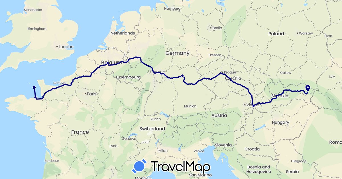 TravelMap itinerary: driving in Belgium, Germany, France, Jersey, Slovakia (Europe)